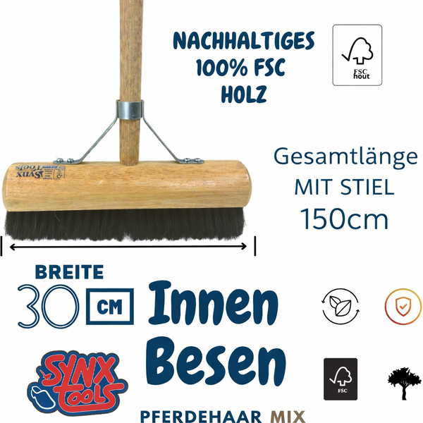 Innenbesen aus FSC-zertifiziertem Holz mit Rosshaarmischung, Breite 30 Zentimeter, Gesamtlänge mit Stiel 150 Zentimeter. Synx Tools Logo. FSC Siegel.
