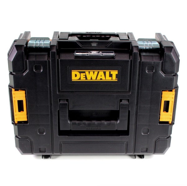 DeWALT Werkzeugbox aus schwarzem Kunststoff mit Tragegriff und Metallschließen.