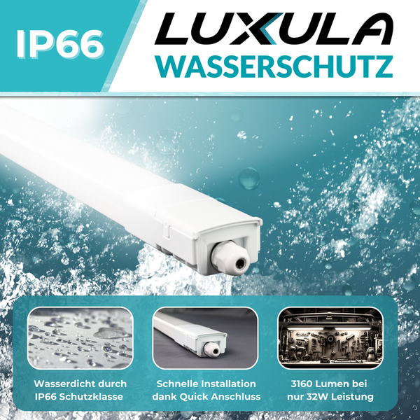 Luxula Feuchtraumleuchte mit IP66 Wasserschutzklasse