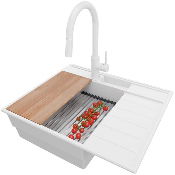 PRIMAGRAN Granitspüle Alles Weiß 62x53cm, Spülbecken 1 Becken + Küchenarmatur 40x20cm + Ablauf-Set + Küchenzubehörset, Küchenspüle ab 45er Unterschrank - Sydney Pocket