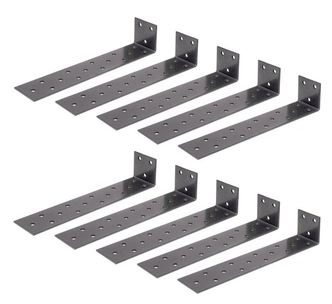 Set aus zehn Schwerlastwinkeln aus Metall mit Lochung zur stabilen Befestigung von Regalböden oder Holzelementen.