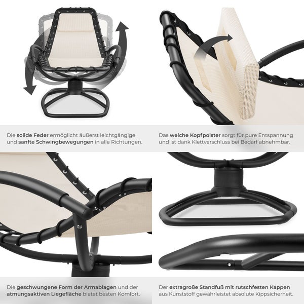 Detailansicht eines schwarzen Schwebesessels mit verstellbarem Kopfpolster, schwingender Federung und rutschfesten Kappen