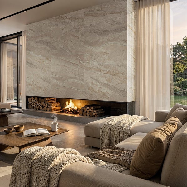 Wohnzimmer mit Kaminwand aus großformatigen Steinoptik Fliesen, gemütlichem Sofa und Holztisch vor einer großen Fensterfront mit Blick ins Grüne.