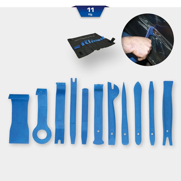 Elf-teiliges Set aus Demontagewerkzeugen für Verkleidungen mit Aufbewahrungstasche und Anwendungsbeispiel