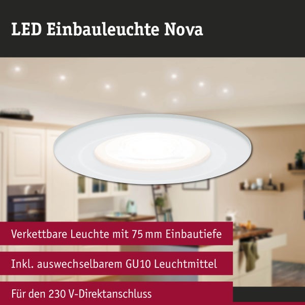 LED Einbauleuchte Nova, rund, weiß, inklusive GU10 Leuchtmittel, 75 Millimeter Einbautiefe, 230 Volt Direktanschluss.