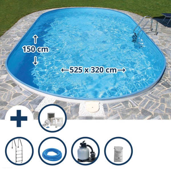 Ovales Einbauschwimmbecken-Set mit Sandfilteranlage, Leiter und Maßen 525 mal 320 mal 150 Zentimeter.