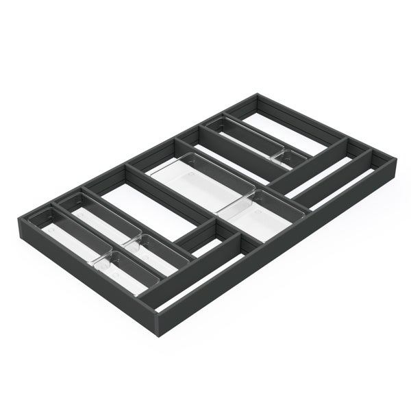 Modularer Besteckeinsatz in Anthrazit mit Rahmen und mehreren transparenten Kunststoffbehältern für Küchenschubladen.