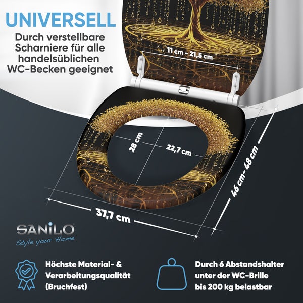 Sanilo WC-Sitz mit Motiv eines Lebensbaums, verstellbare Scharniere, bruchfest, belastbar bis 200 Kilogramm, inklusive Maßangaben.