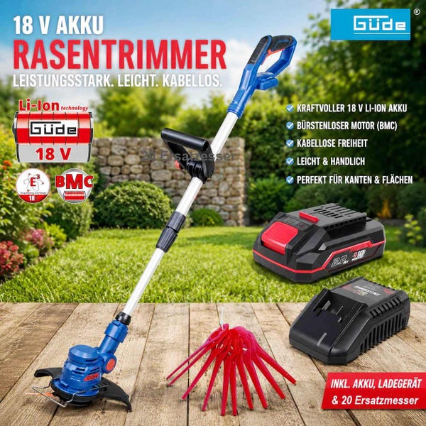 Güde 18 Volt Akku-Rasentrimmer Set inklusive Akku, Ladegerät und 20 Ersatzmessern. Kabelloser Trimmer mit bürstenlosem Motor. Güde Logo.