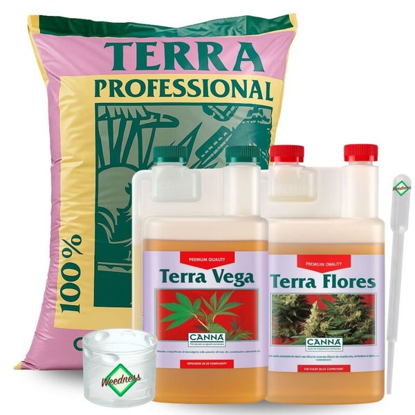 Pflanzenpflege-Set bestehend aus Terra Professional Blumenerde, Canna Terra Vega und Terra Flores Flüssigdünger, Messbecher und Pipette.