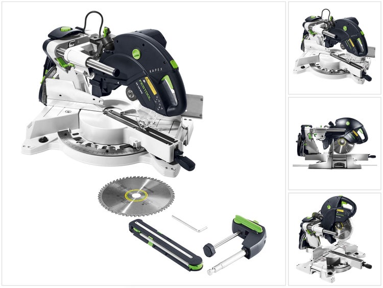 Festool Kapex KS 120 REB Kappsäge inklusive Kreissägeblatt, Werkstückklemme, Winkelschmiege und Innensechskantschlüssel in verschiedenen Ansichten.
