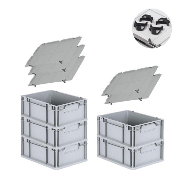 PROREGAL Spar Set 5x Eurobox Nextgen Economy Mit Auflagedeckel & 4x Schiebeschnappverschlüsse Schwarz Griffe Geschlossen HxBxT 17 x 30 x 40 cm