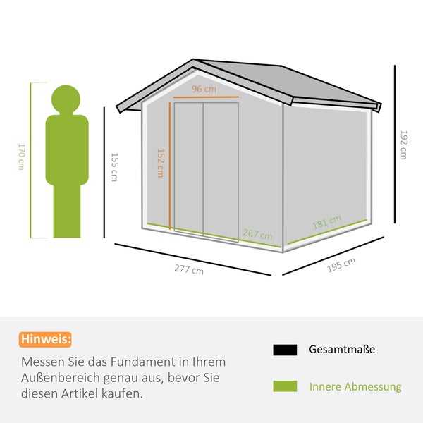 Outsunny Gerätehaus, Geräteschuppen mit Bodenrahmen und Schiebetüren, wetterfest, 277 x 195 x 192 cm, Stahl, Hellgrün