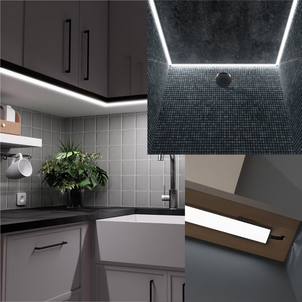 LED Leisten für vielseitige Beleuchtung in Küche und Bad, zur indirekten Beleuchtung von Möbeln und Wandflächen geeignet.