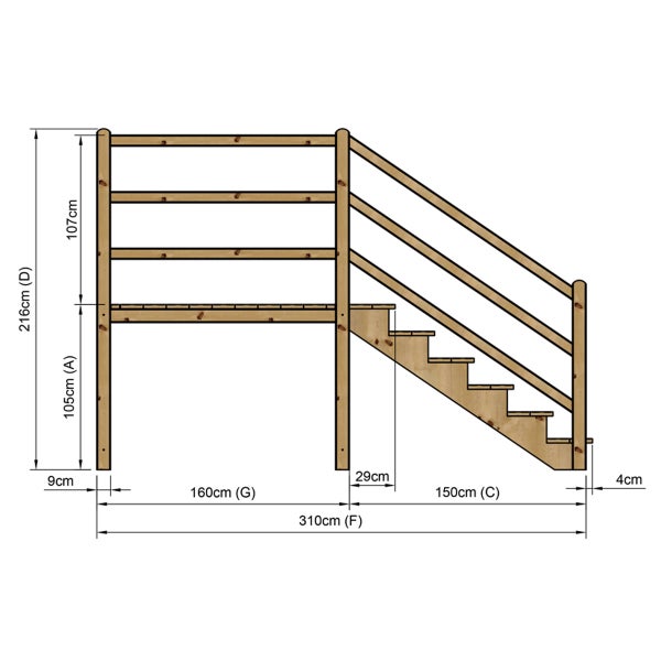 Technische Zeichnung einer Holztreppe mit Maßen