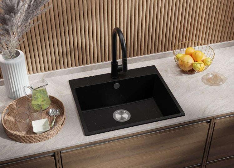 PRIMAGRAN Spülbecken Schwarz Metallic 58x50cm, Granitspüle 1 Becken + Ablauf-Set, Küchenspüle ab 60er Unterschrank - Riga