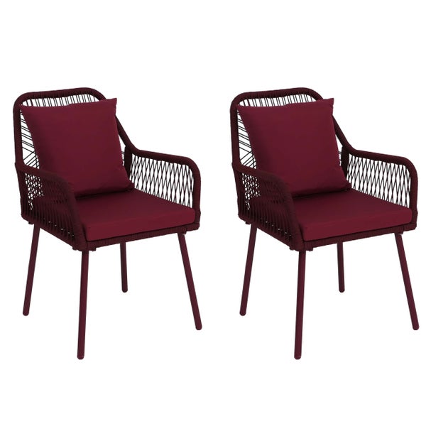 Set aus zwei dunkelroten Gartenstühlen mit Seilgeflecht, inklusive Sitz- und Rückenkissen sowie Metallbeinen.