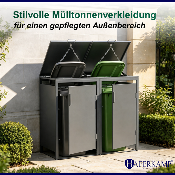 Haferkamp Mülltonnenbox aus Metall für zwei Tonnen mit geöffneten Deckeln und Türen im Außenbereich.