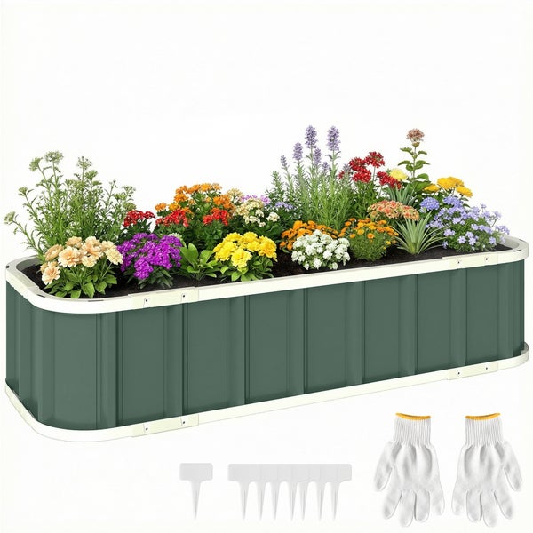 Hochbeet aus Metall mit Blumen bepflanzt, inklusive Gartenhandschuhen und Pflanzensteckern.