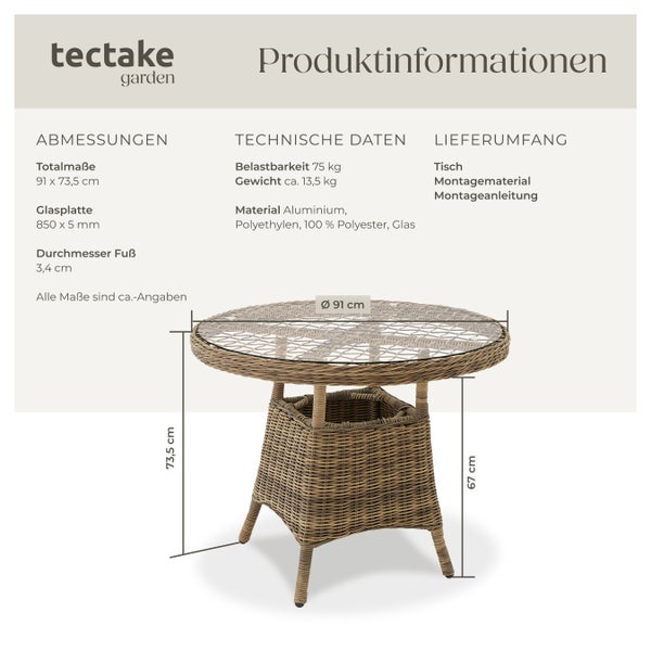 Gartentisch tectake  91 x 73,5 cm mit Aluminiumgestell natur