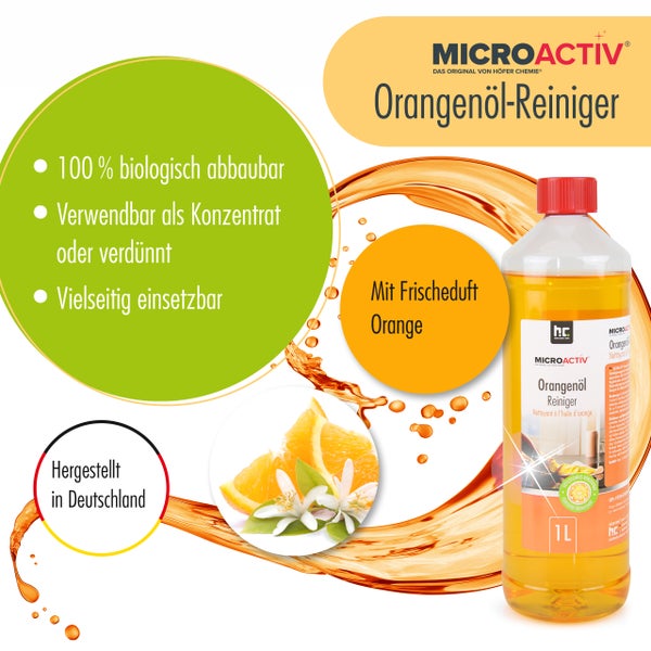 Microactiv Orangenöl-Reiniger für wasserfeste Oberflächen wie Dusche, WC, Ceranfeld, Edelstahl, Fliesen und Laminat.
