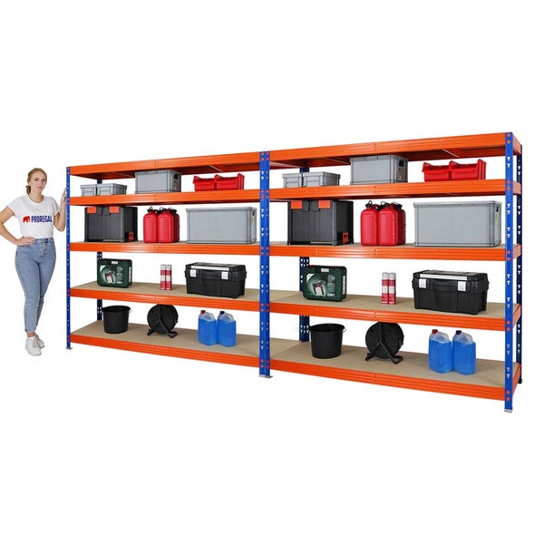PROREGAL Mega Deal 2x Profi Schwerlastregal Rhino HxBxT 180 x 200 x 60 cm 5 Spanplatten-Ebenen 8mm Fachlast 500 kg Blau/Orange