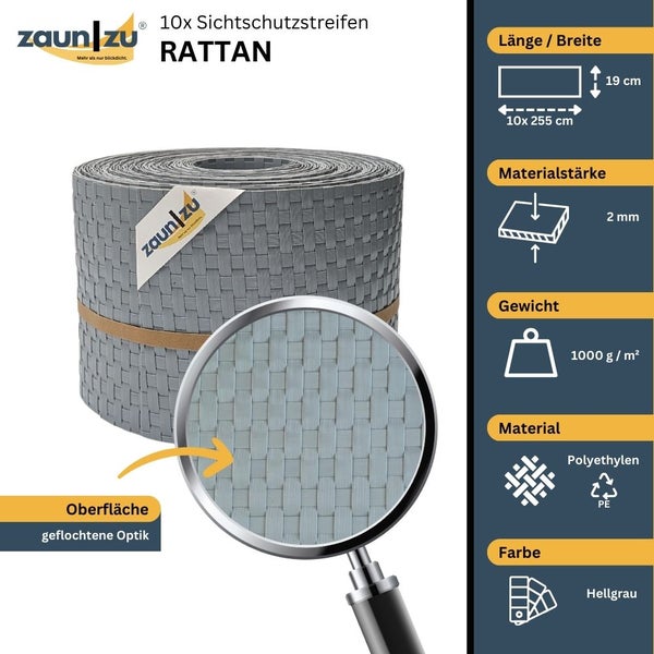 Zehn Sichtschutzstreifen Rattan, Oberfläche in geflochtener Optik, aus Polyethylen, Abmessungen 255 mal 19 Zentimeter, Materialstärke zwei Millimeter