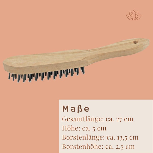 Drahtbürste, Holzgriff. Gesamtlänge circa 27 Zentimeter, Borstenlänge circa 13,5 Zentimeter, Borstenhöhe circa 2,5 Zentimeter.