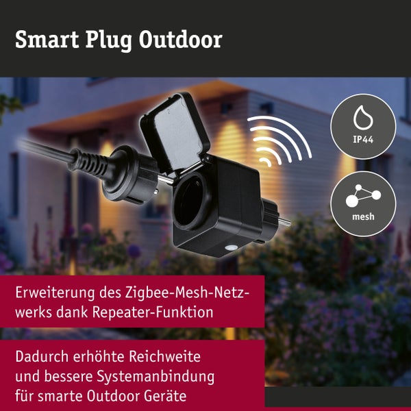 Smarter Outdoor-Zwischenstecker mit Klappdeckel, Zigbee-Mesh-Funktion und spritzwassergeschützt zur Reichweitenerhöhung im Außenbereich.