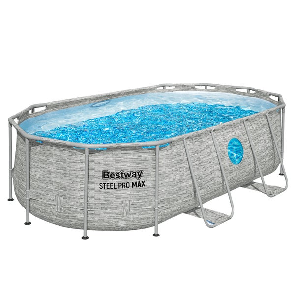 Ovaler Bestway Steel Pro Max Rahmenpool mit Steinoptik-Außenwand und sichtbarem Logo.