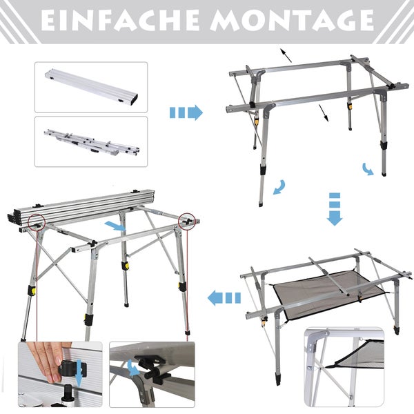 Outsunny Picknick Klapptisch, Falttisch, Höhenverstellbarer Campingtisch, Inkl. Tragetasche, Aluminium, Silber, 120 x 70 x 58-73 cm
