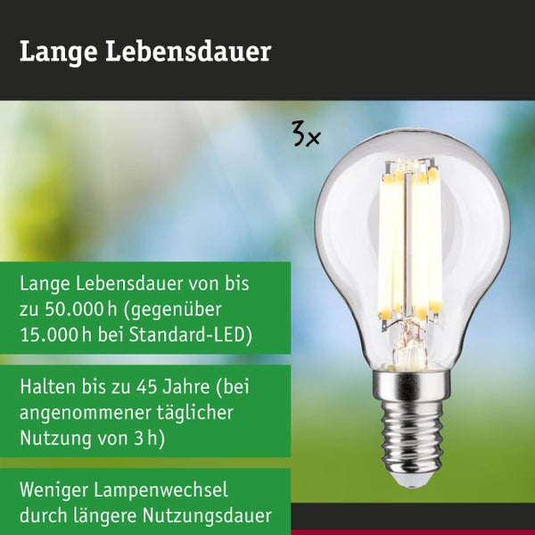 LED-Filament-Leuchtmittel mit einer Lebensdauer von bis zu 50.000 Stunden, was einer Haltbarkeit von bis zu 45 Jahren entspricht.