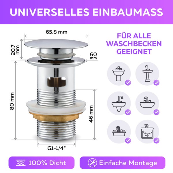 M. ROSENFELD HOME Ablaufgarnitur Waschbecken mit Überlauf Chrom - Ablaufventil Pop Up 1 1/4 zoll aus Edelstahl & Messing für Waschtisch - PopUp Ventile, Abflussgarnitur Waschbecken, Einfacher Einbau