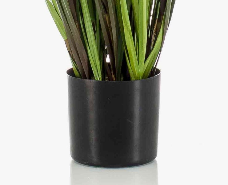 Künstliche Pflanze im schwarzen Topf, Detailansicht der Gräser und des runden Pflanzgefäßes.