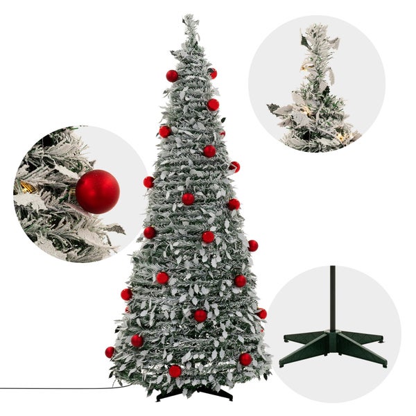 Künstlicher Weihnachtsbaum mit Schnee, rotem Weihnachtsschmuck und integrierter Beleuchtung inklusive Baumständer