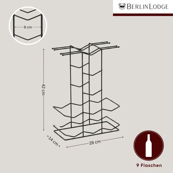Berlin Lodge Weinregal aus Metall für 9 Flaschen. Maße: Höhe 42 Zentimeter, Breite 28 Zentimeter, Tiefe 14 Zentimeter.