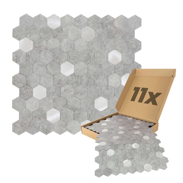 Sechseckiges Mosaik in Steinoptik mit Metallelementen, elf Stück pro Packung.