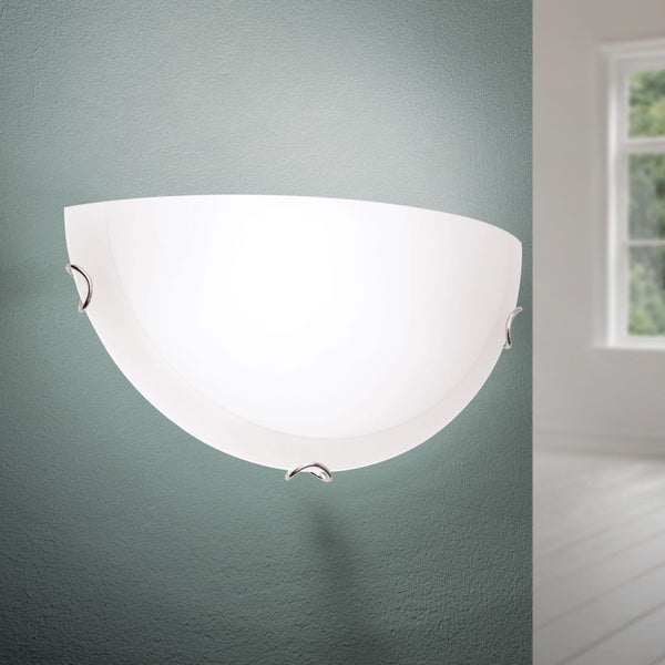 Halbrunde Wandleuchte aus Glas mit Metallhalterungen für eine gleichmäßige Lichtverteilung an der Wand