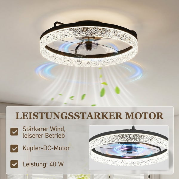 Deckenventilator mit Beleuchtung und Kristalleffekt, runder Rahmen, Kupfer-Gleichstrommotor mit 40 Watt Leistung für leisen Betrieb.