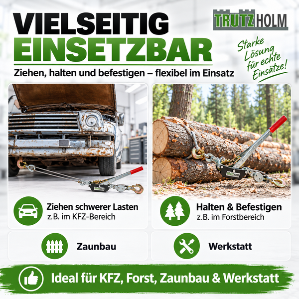Trutzholm Seilzug zum Ziehen, Halten und Befestigen von Lasten für Werkstatt, KFZ, Forst und Zaunbau.