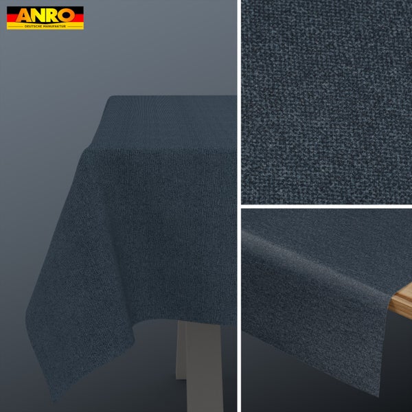 Abwaschbare Tischdecke von ANRO Deutsche Manufaktur mit feiner Webstruktur auf einem Tisch, inklusive Detailansichten und ANRO Logo.
