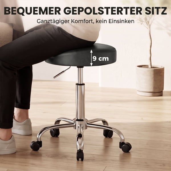 Bequemer Rollhocker mit gepolsterter Sitzflaeche mit neun Zentimeter Dicke und hoehnverstellbarem Metallgestell mit Rollen.