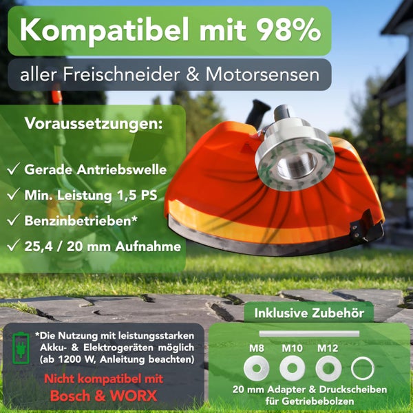 Unkrautbürste für Freischneider & Motorsense Zubehör inkl. 32 PA 66 Nylonfäden - Schonende und effiziente Wildkrautbürste für Motorsense - Langlebige universal Unkraut-Bürste Aluminium