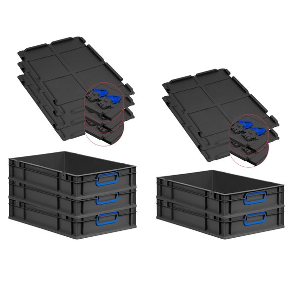 PROREGAL SuperSparSet 5x Eurobox NextGen Color mit Scharnierdeckel und Schiebeschnappverschlüssen, HxBxT 12x40x60cm, 23 Liter, Schwarz, Griffe blau geschlossen, Eurobehälter, Transportbox, Transportbehälter, Stapelbehälter