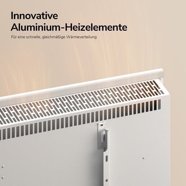 Technische Daten und flexible Montagemöglichkeiten für den Elektrokonvektor mit zweitausend Watt Leistung und Wandhalterung oder Rollen.