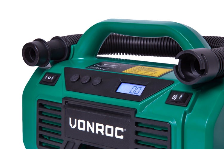 VONROC Akku-Kompressor 20V - 20V Akku und 12V Zigarettenanzünder-Stecker – Befüll- und Entleerungsfunktion - Max. Arbeitsdruck 11 bar - Inkl. 8-teiligem Zubehör - Inkl. 1 Akku und Ladegerät
