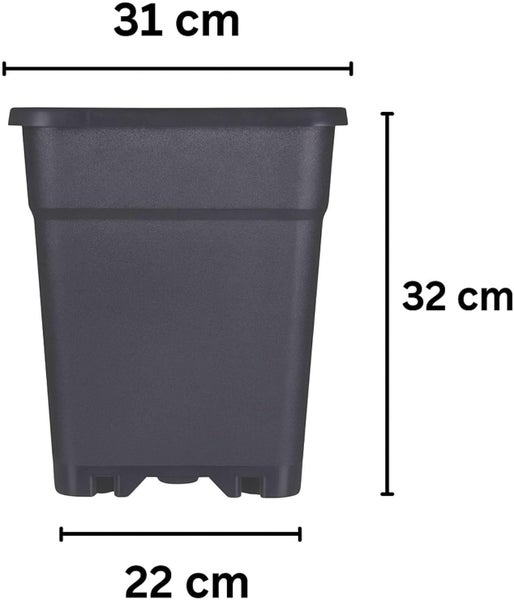 Quadratischer Pflanztopf mit Maßen: oben 31 Zentimeter breit, unten 22 Zentimeter breit und 32 Zentimeter hoch.