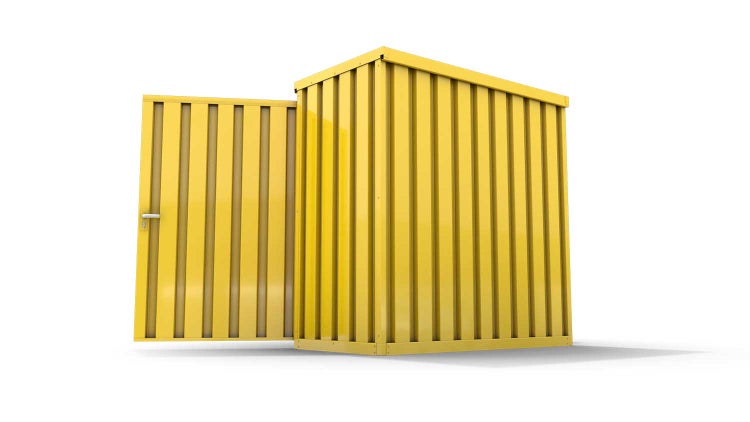 Lagercontainer Gerätehaus S  – 4 qm, H2150 x B2100 x T2170 mm, Außenwandlackierung RAL 1003 signalgelb, Dach außen verzinkt, mit Holzfußboden, 1830 mm Doppelflügeltür mittig in Breitseite, montiert