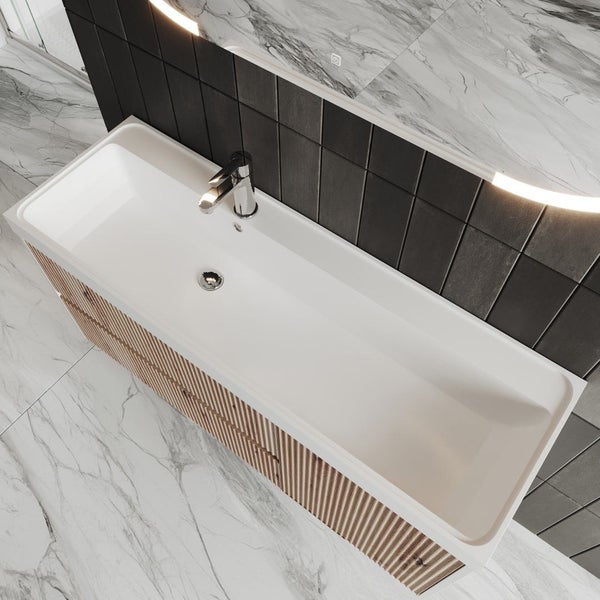 120cm Badezimmermöbel in Holzoptik Eiche mit Led Lichtspiegel mit touch Sensor | Cortina