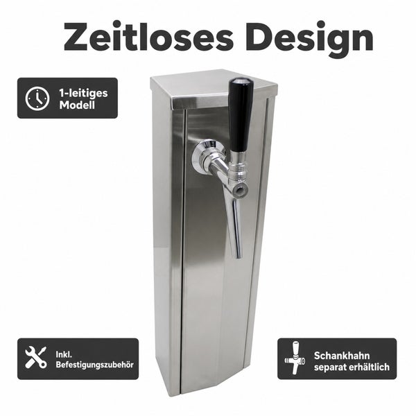 Edelstahl Schanksäule als einleitiges Modell inklusive Befestigungszubehör, Schankhahn separat erhältlich.